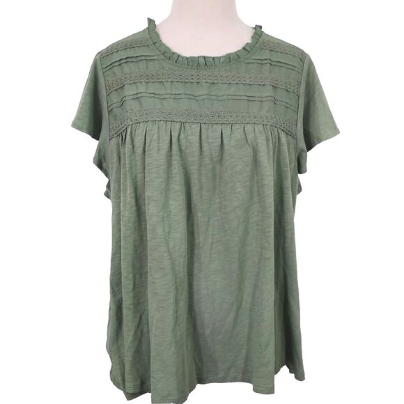 Ella Moss Shirt Top Size XXL Flowy Stretch Lace Trim Cap Sleeve Green Keyhole - Picture 1 of 13